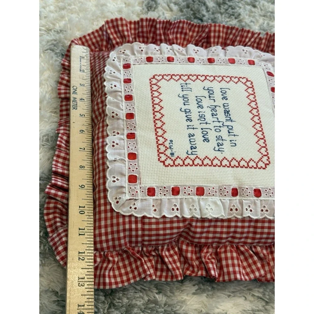 Vintage 1981 Cross Stitch Throw Pillow Red Gingham Ruffle Love Quote Accent